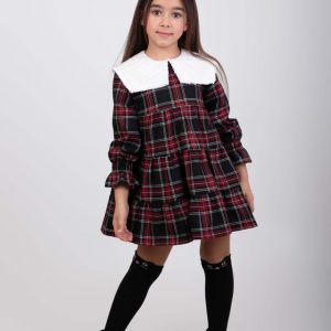 VESTIDO CUADROS ROJO CUELLO CUADRADO BLANCO