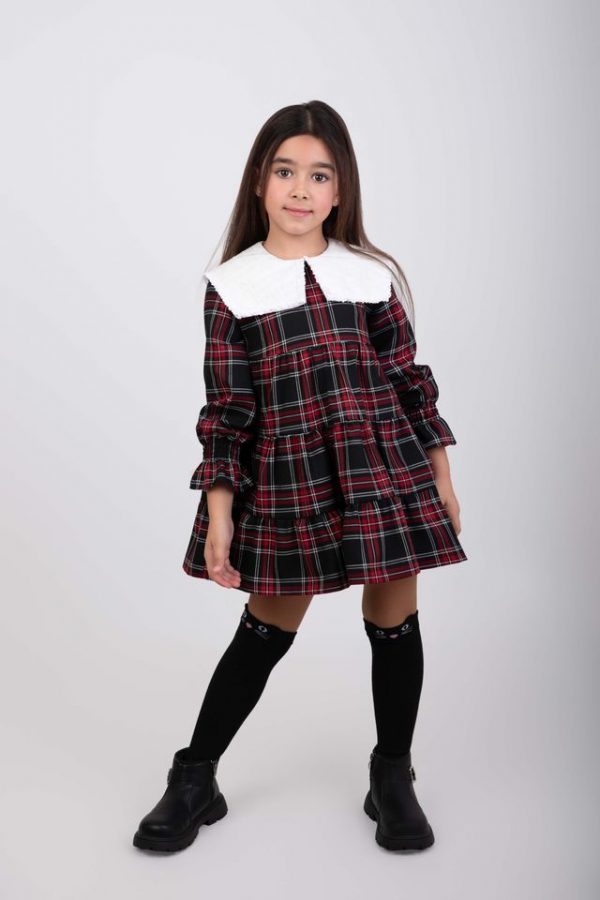 VESTIDO CUADROS ROJO CUELLO CUADRADO BLANCO