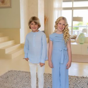 CONJUNTO CAMISA LINO CELESTE Y PANTALÓN LARGO CREMA