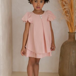 Vestido Infantil Ceremonia Rosa Manga volante