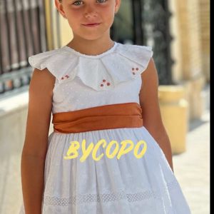 Vestido Ceremonia Plumeti Blanco Bordado Lazo Caldera