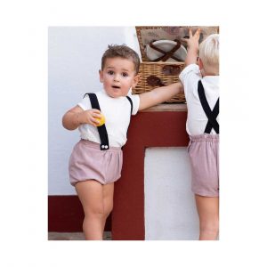 Conjunto bebé ranita y camisa lino rosa empolvado y negro