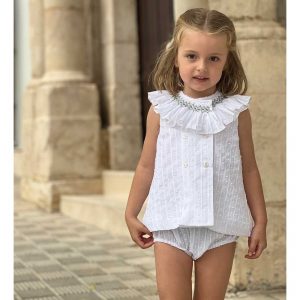 Jesusito Bebé Niña Ceremonia Plumeti Blanco Cuello Fruncido con Nido de Abeja Hecho a Mano