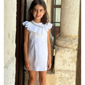Vestido Niña Ceremonia Plumeti Blanco Cuello Fruncido Nido de Abeja