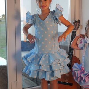 Vestido Flamenca Niña Modelo Candela Celeste Lunares Blanco