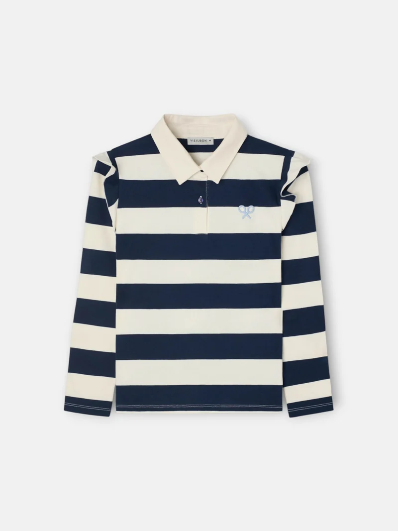 Polo Manga Larga Rayas Azul Marino y Crudo - Imagen 3